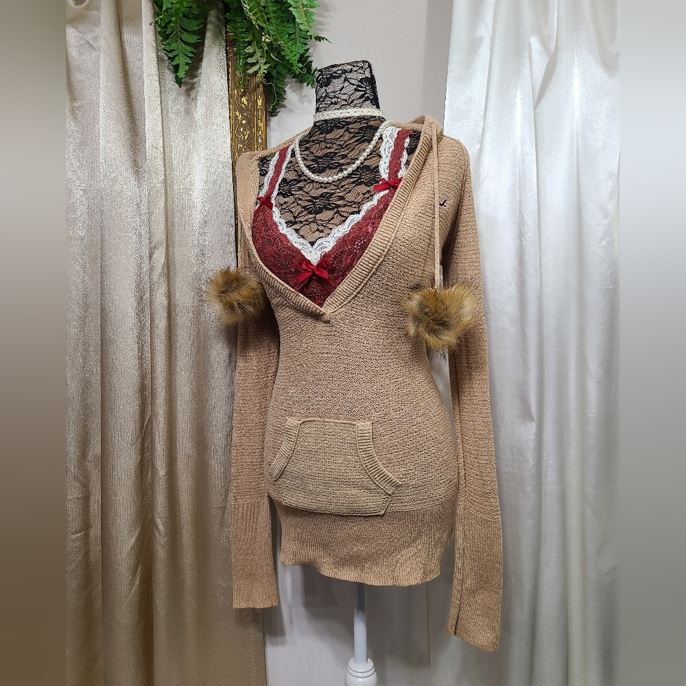 ♡ Y2K ♡ Hollister Tan Brown Angora Hooded Babydoll Sweater - Picture 2 of 9